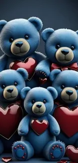 Five blue teddy bears holding red hearts in a cute arrangement.