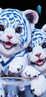 Adorable twin tiger cubs in blue hues with playful expressions on a phone wallpaper.