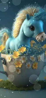 Charming blue unicorn in cup with flowers.