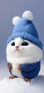 Cute cartoon creature in a blue wool hat on snowy background.