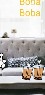 Gray sofa wallpaper with boba tea and bear design accents.