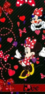 Mobile wallpaper with cute bows and hearts on a black background.