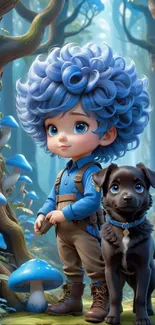 Cute boy and puppy in a fantasy forest with blue mushrooms.