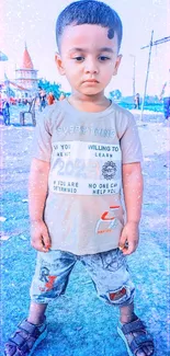 Young boy stands in vibrant outdoor scene with festive colors.