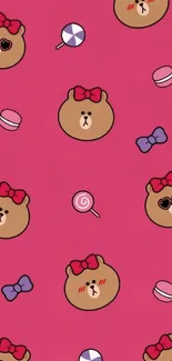 Pink mobile wallpaper with cute cartoon bear faces and candy.