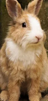 Adorable brown and white bunny sitting on a rustic, natural backdrop.