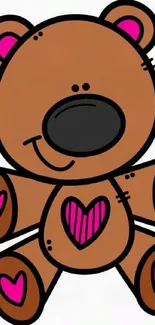 Cartoon brown teddy bear with pink hearts on a white background.