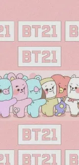 Adorable BT21 characters on a pastel pink background.