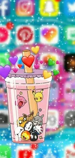 Cute mobile wallpaper featuring bubble tea and colorful heart emojis.