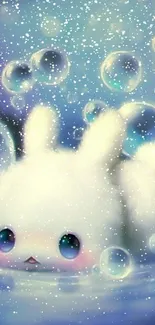 Cute white bunny with bubbles in a blue fantasy background.