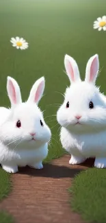 Two fluffy white rabbits in a meadow with daisies.