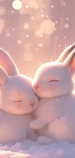 Cute bunnies snuggle softly in glowing light.