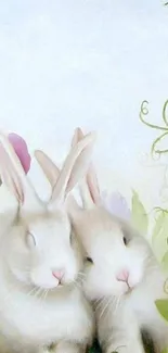 Two bunnies cuddling with green and floral accents