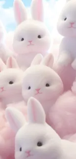 Adorable white bunnies resting on soft pink clouds under a blue sky.