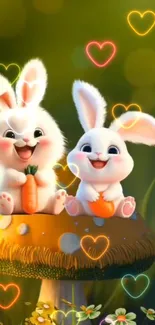 Two cute bunnies on a mushroom, smiling with carrots and colorful hearts.