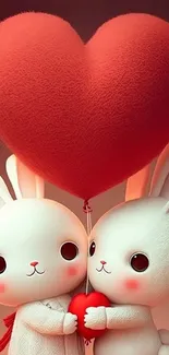 Two cute bunnies with a big heart-shaped balloon.