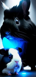 Cute black and white bunnies with a neon blue glow on mobile wallpaper.