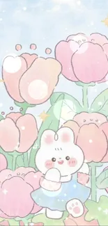 Cute bunny and pastel flowers wallpaper with soft pink tones.