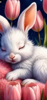 White bunny sleeping among pink tulips under a starry sky.