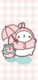 Cute bunny and bear with umbrella on pastel pink wallpaper.