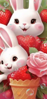 Cute bunnies with strawberries and roses in a pink theme wallpaper.