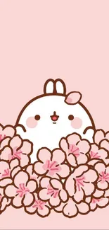 Cute bunny surrounded by pink flowers on a light pink background.