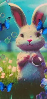 Adorable bunny with butterflies in a vibrant field.