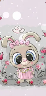 Cute bunny with pink bow, surrounded by flowers and butterflies.