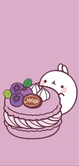 Cute bunny with a big cake on a lavender background.