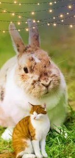 Adorable rabbit and cat on grass with string lights in the background.