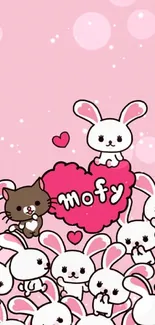 Adorable bunnies and cat with heart on pink wallpaper.