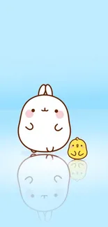 Cartoon bunny and chick on a light blue background, ideal for mobile wallpaper.