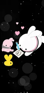 Cute bunny with pink teddy and yellow chick on black background.