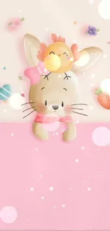 Cute bunny and chick in an Easter-themed mobile wallpaper.