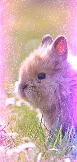 Cute bunny in grass with Easter eggs, surrounded by flowers.
