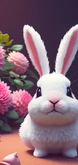 Fluffy white bunny with pink flowers, creating a charming and cute wallpaper design.