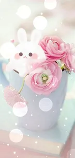 Cute bunny and pink flowers in a pastel mug wallpaper.