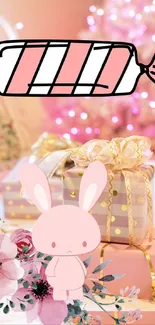 Cute pink bunny with colorful gifts and flowers on festive wallpaper.