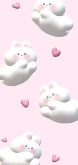 Cute bunnies on clouds with pink hearts wallpaper.