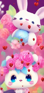 Cute bunny and kitty with roses and hearts on a pink background.