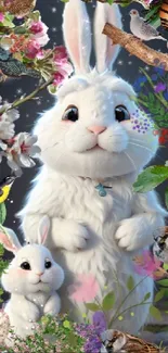 A cute white bunny with flowers and birds on a mobile wallpaper.