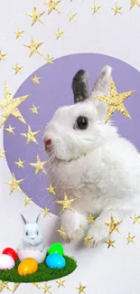 White bunny with golden stars and Easter eggs on a purple background.