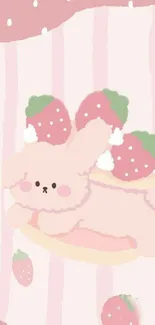 Cute pastel bunny with strawberries on phone wallpaper.