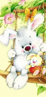 Fluffy bunny and teddy on a swing amidst flowers and butterflies.