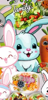 Cute bunny wallpaper with vegetables and colorful salads.