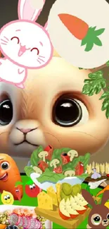 Cute cartoon bunny with colorful vegetables and playful elements.