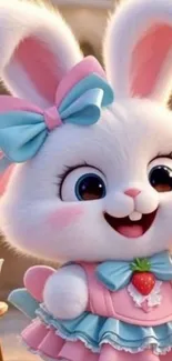 Cute animated bunny with strawberry holding a pink backdrop.