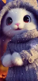 Adorable bunny in sweater with autumn leaves