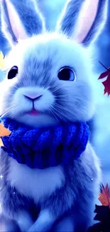 Cute bunny in blue scarf amidst autumn leaves.