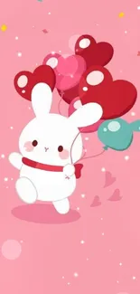 Cute bunny with colorful balloons on pink background.